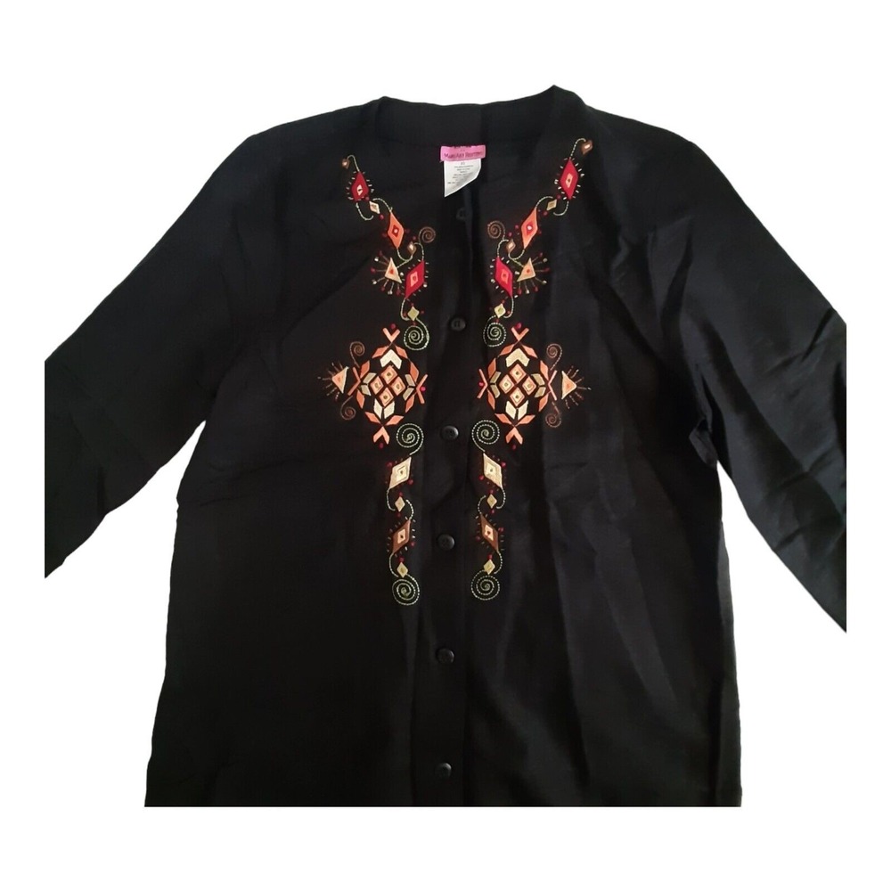 Ancora womens linen blend long shirt top Size XS embroidered beaded button front - Picture 3 of 6